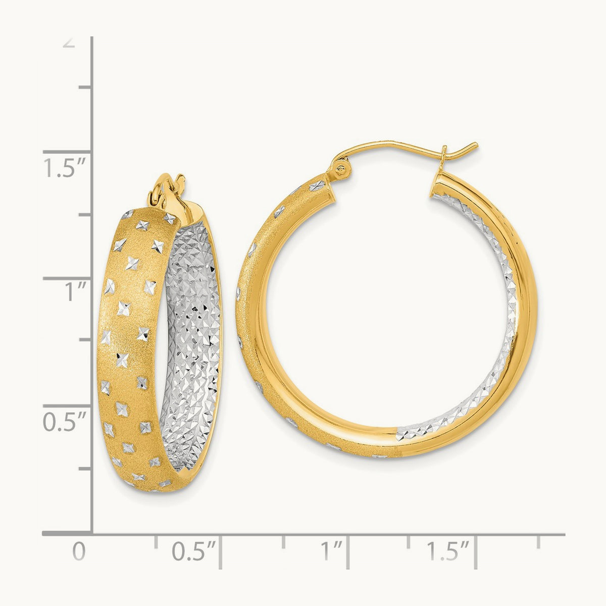 Rhodium Polished Satin Diamond-cut In/Out Hoop Earrings, 14K White