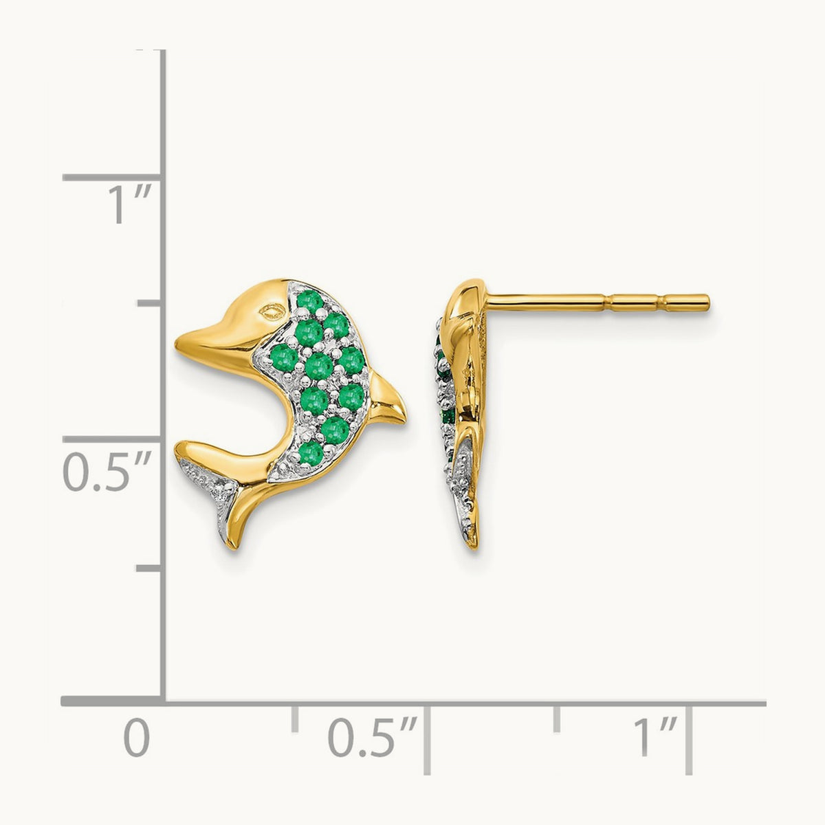 Emerald and Diamond Dolphin Post Earrings, 14K with Rhodium