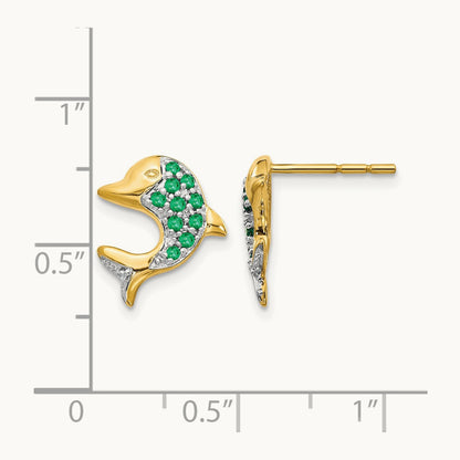 Emerald and Diamond Dolphin Post Earrings, 14K with Rhodium