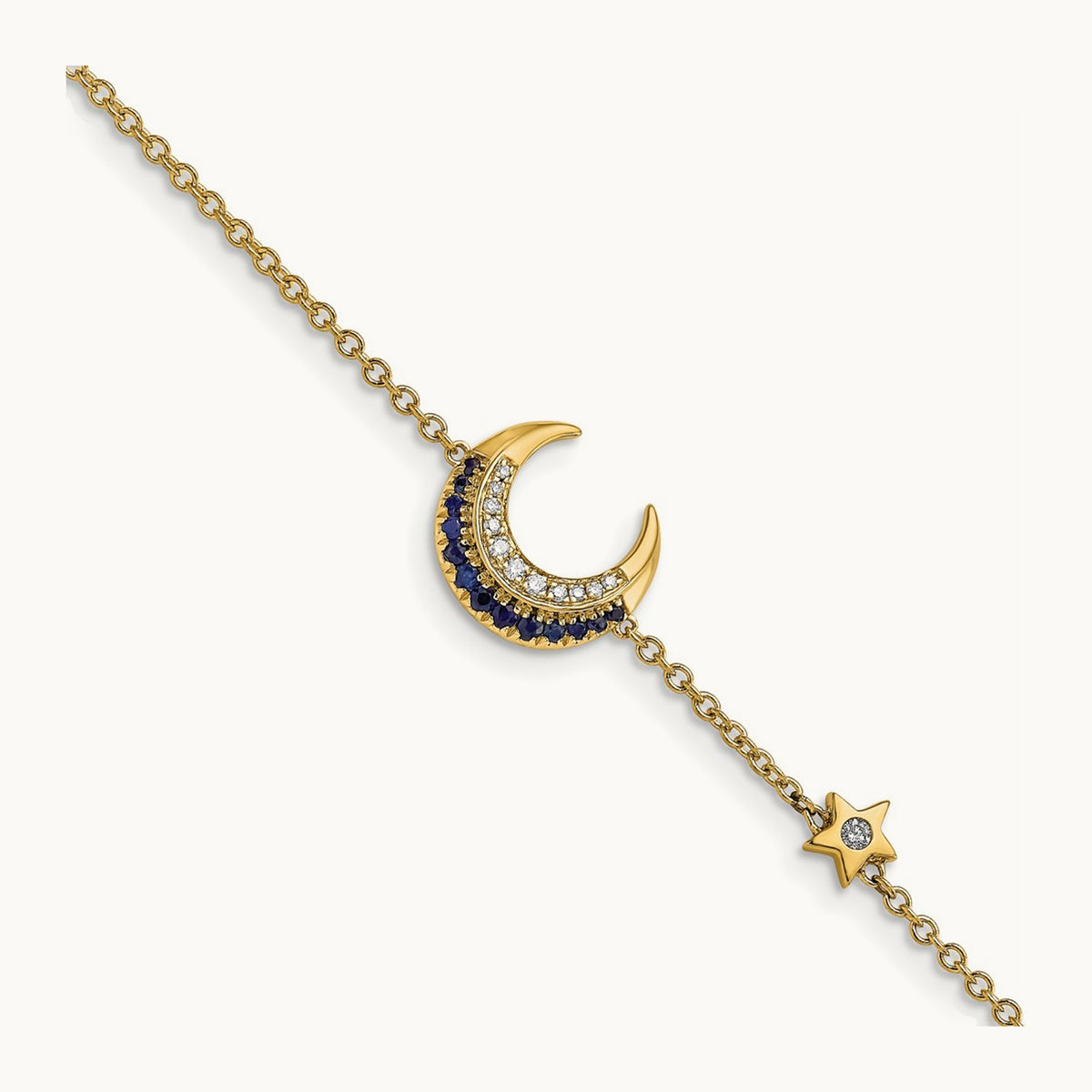 Diamond and Sapphire Moon and Star 7in Bracelet, 14K