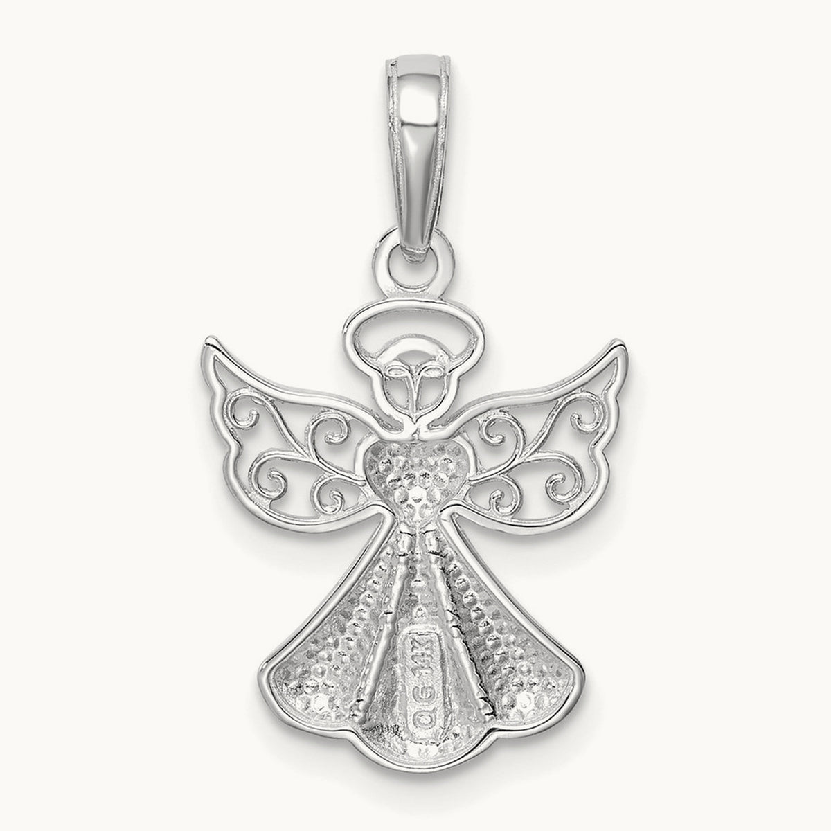Polished/Textured Guardian Angel W/Heart Pendant — 14K White Gold