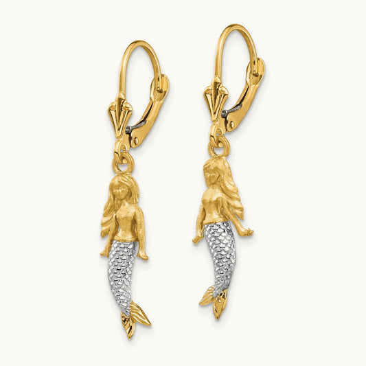 Brushed & Polished Mermaid Earrings, 14K with White Rhodium