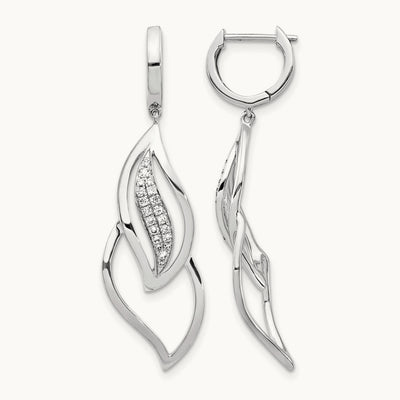 Diamond Hinged Hoop Leaf Design Dangle Earrings, 14K White Gold