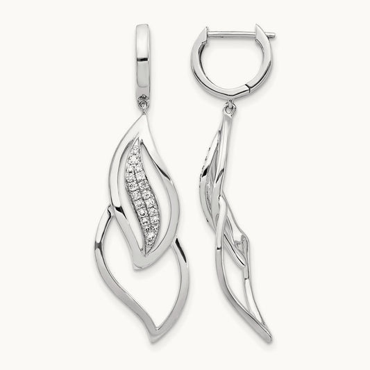 Diamond Hinged Hoop Leaf Design Dangle Earrings, 14K White Gold