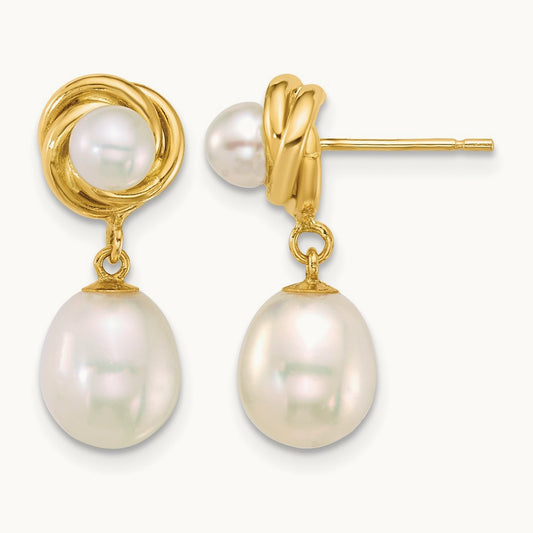 Polished Rice/Button Freshwater Cultured Pearl Post Dangle Earrings, 14K