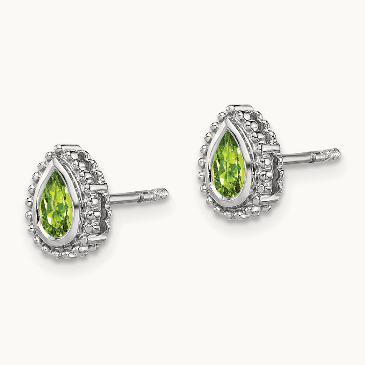 Pear Peridot Post Earrings — 14K White Gold