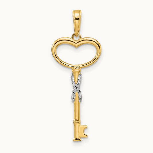 Diamiond-cut Heart Key Pendant, 14K with White Rhodium