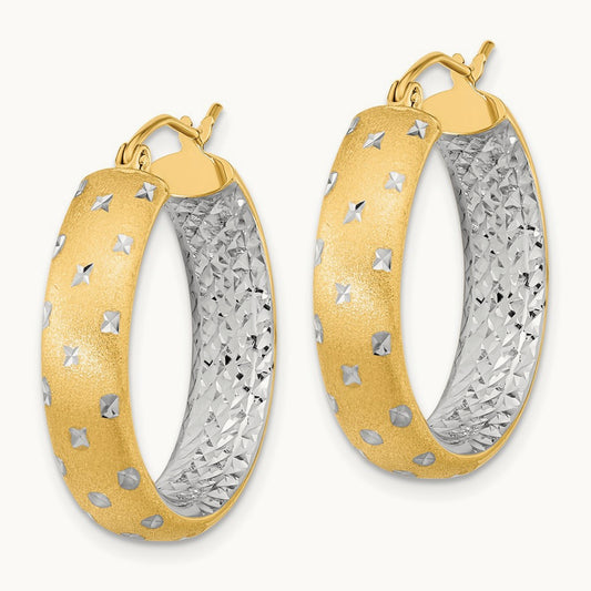 Rhodium Polished Satin Diamond-cut In/Out Hoop Earrings, 14K White