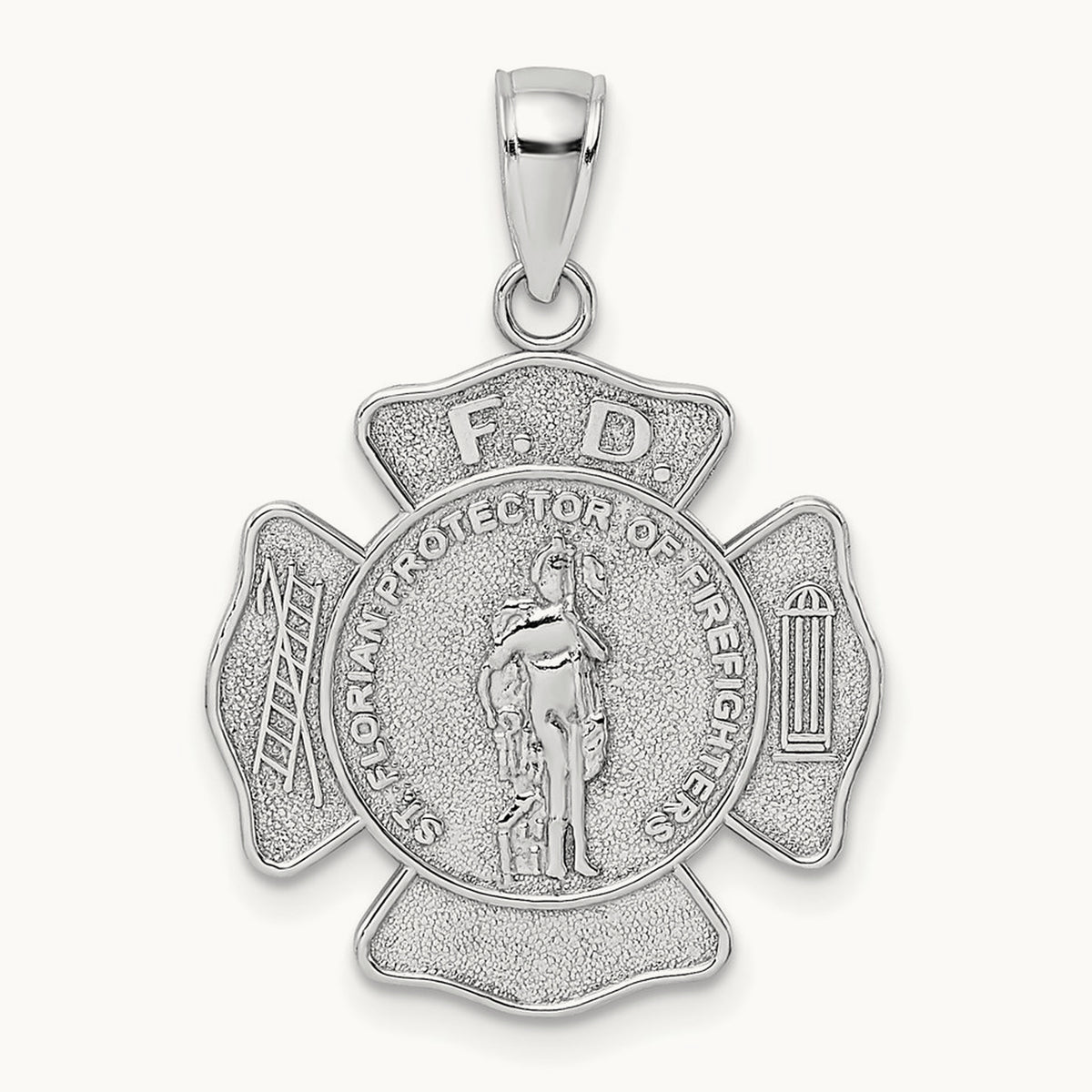 Fire Department FD St. Florian Badge Pendant — 14K White Gold