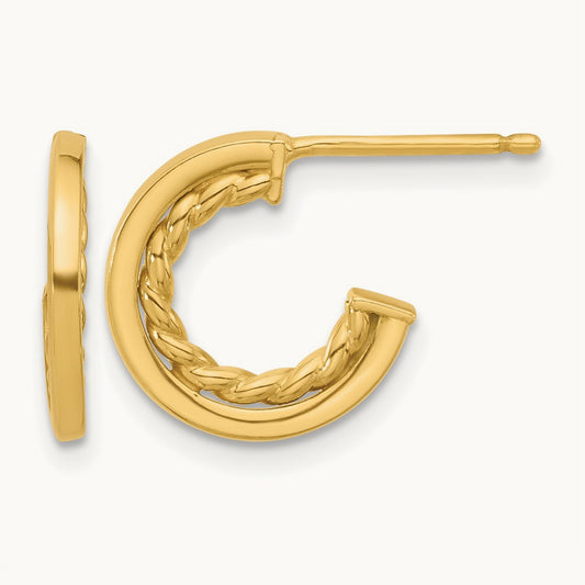 Polished and Textured J-Hoop Post Earrings, 14K — Leslie's