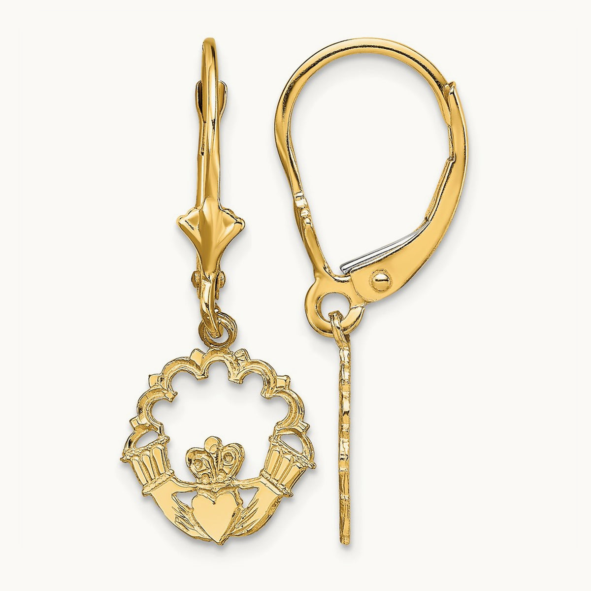 Polished Claddagh Leverback Earrings, 14K