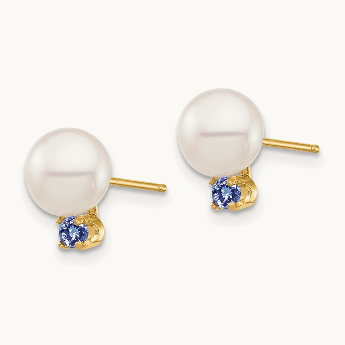 7- White Round Freshwater Cultured Pearl Tanzanite Post Earrings, 7.5mm, 14K