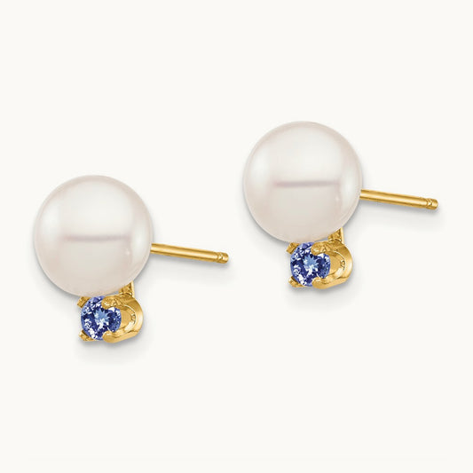 7- White Round Freshwater Cultured Pearl Tanzanite Post Earrings, 7.5mm, 14K