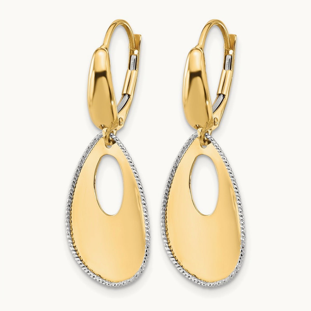 Polished/Dia-cut Teardrop Dangle Leverback Earrings, 14K Two-tone — Leslie's