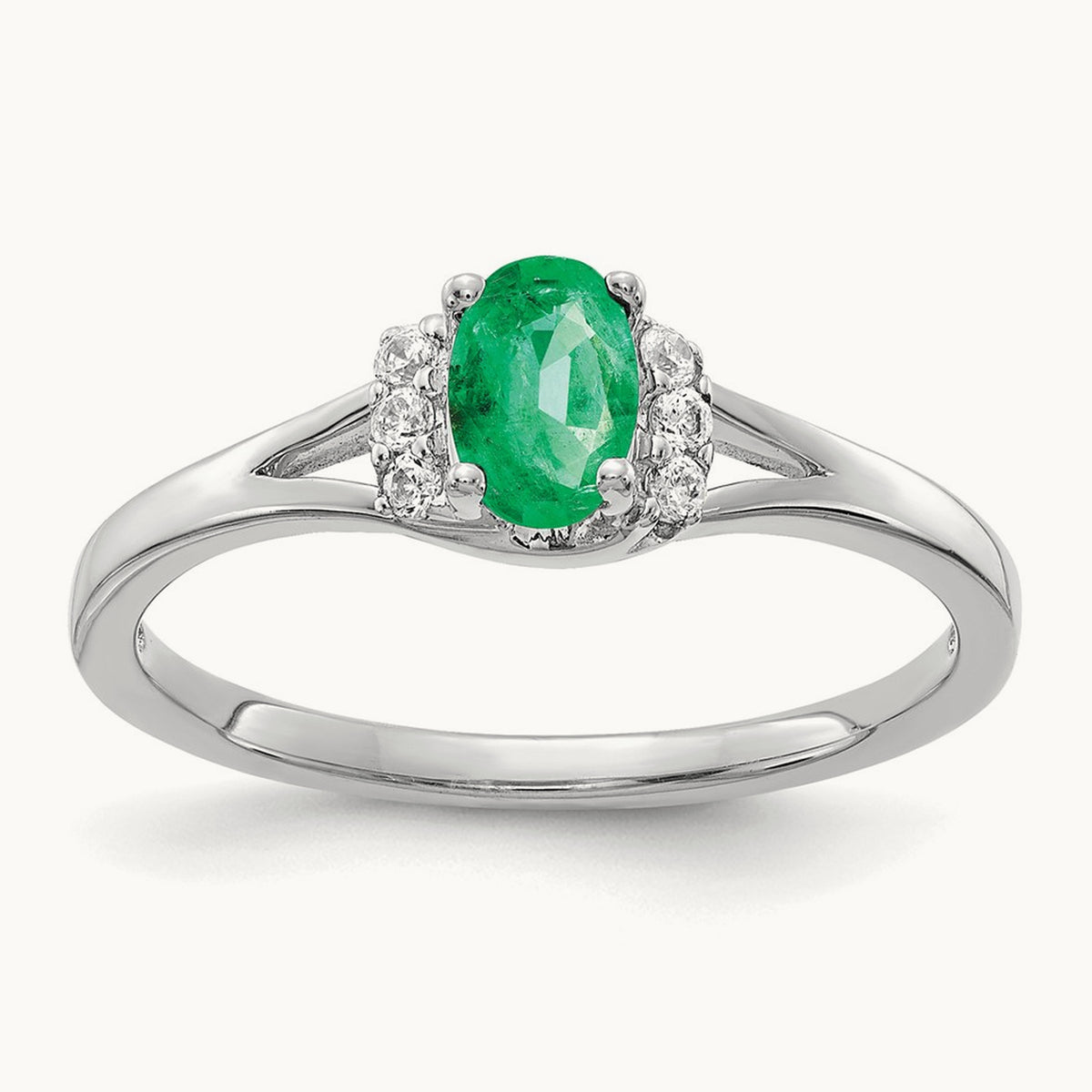 Diamond and Oval Emerald Ring — 14K White Gold