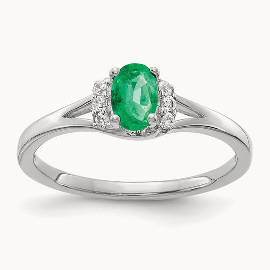 Diamond and Oval Emerald Ring — 14K White Gold