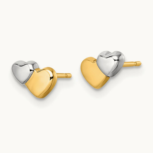 w/Rhodium Polished Double Heart Post Earrings, 14K