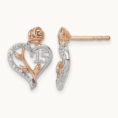 Diamond Quinceanera Heart Post Earrings, 14K White with Rose Gold