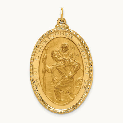 Solid Polished/Satin Beaded Edge St. Christopher Medal, 14K