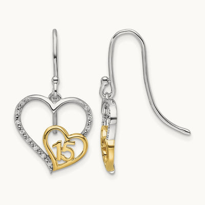 Polished Diamond Quinceanera Heart Dangle Earrings, 14K Two-tone