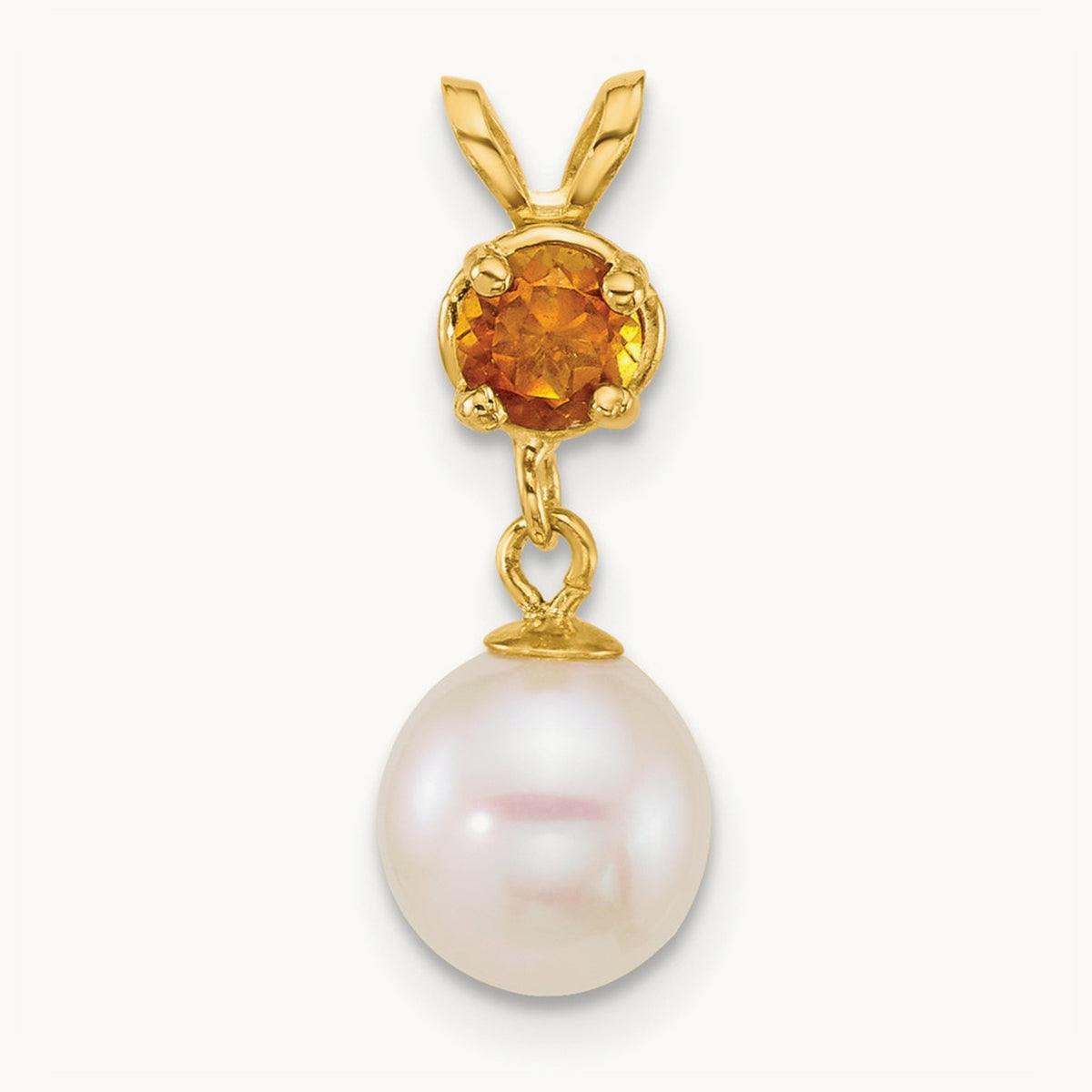 7- Round White FWC Pearl and Citrine Pendant, 8mm, 14K