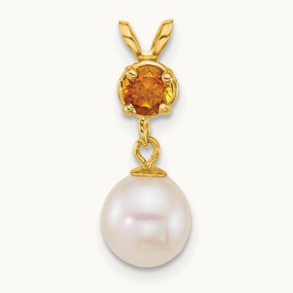7- Round White FWC Pearl and Citrine Pendant, 8mm, 14K