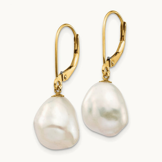 10x12mm White Keshi Freshwater Cultured Pearl Leverback Earrings, 14K