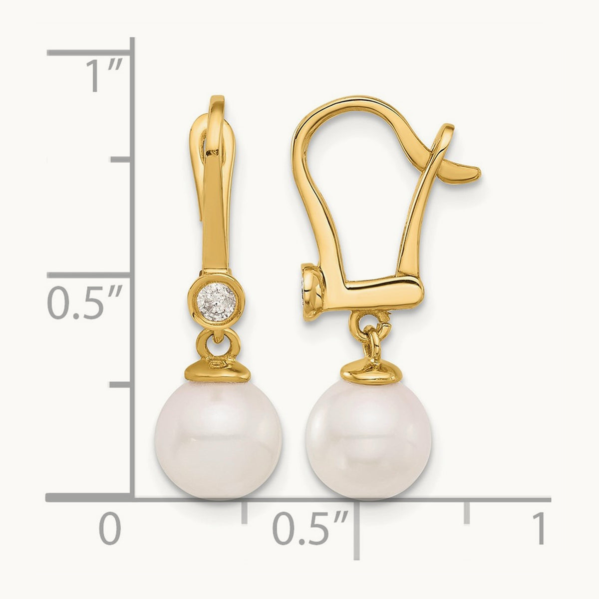 7- Round White Akoya Pearl and .10ct Diamond Dangle Earrings, 8mm, 14K