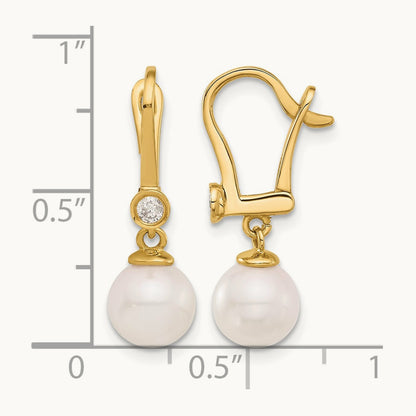 7- Round White Akoya Pearl and .10ct Diamond Dangle Earrings, 8mm, 14K