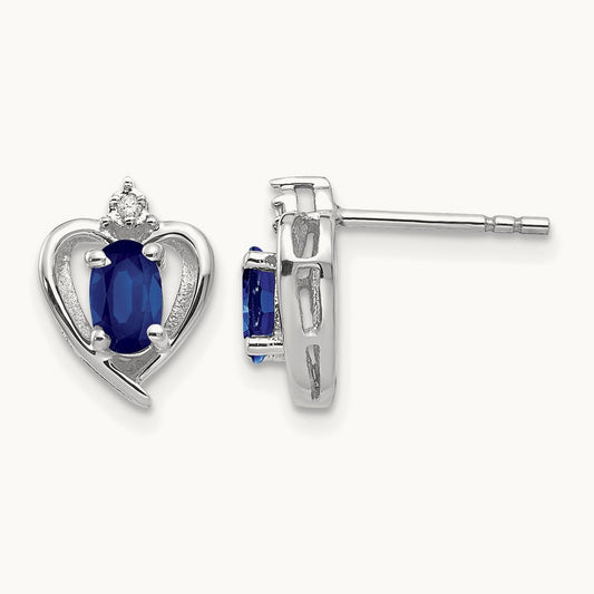 Sapphire and Diamond Heart Post Earrings, 14K White Gold