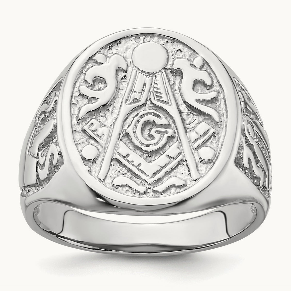 Men's Polished and Grooved (No Enamel) Masonic Ring, 14K White Gold