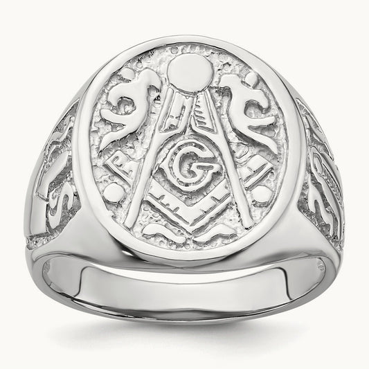 Men's Polished and Grooved (No Enamel) Masonic Ring, 14K White Gold