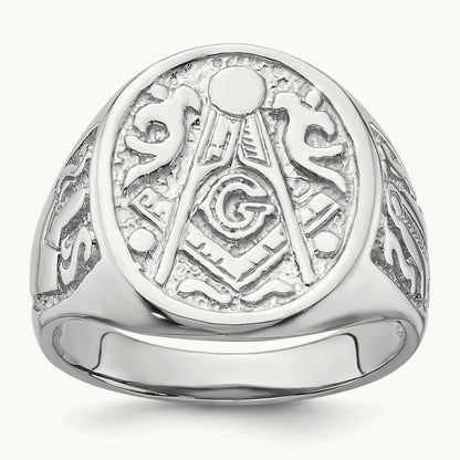 Men's Polished and Grooved (No Enamel) Masonic Ring, 14K White Gold