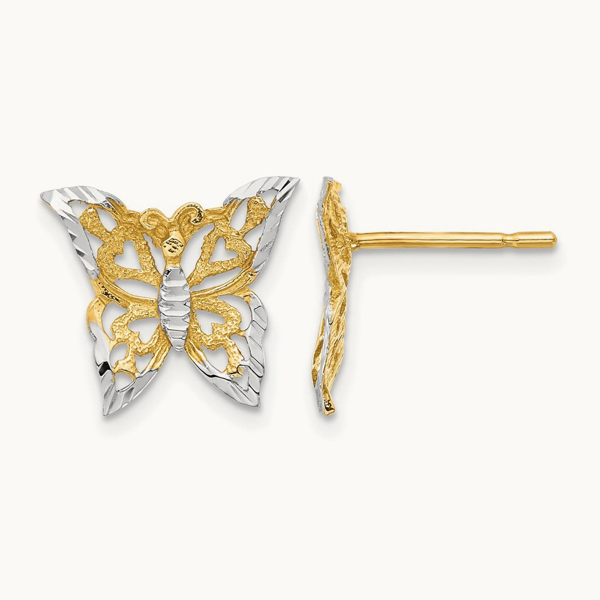 Butterfly Post Earrings — 14K Two-Tone Gold, 12.95mm