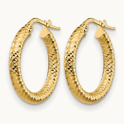 3x20 Diamond-cut Round Hoop Earrings — 14K Yellow Gold