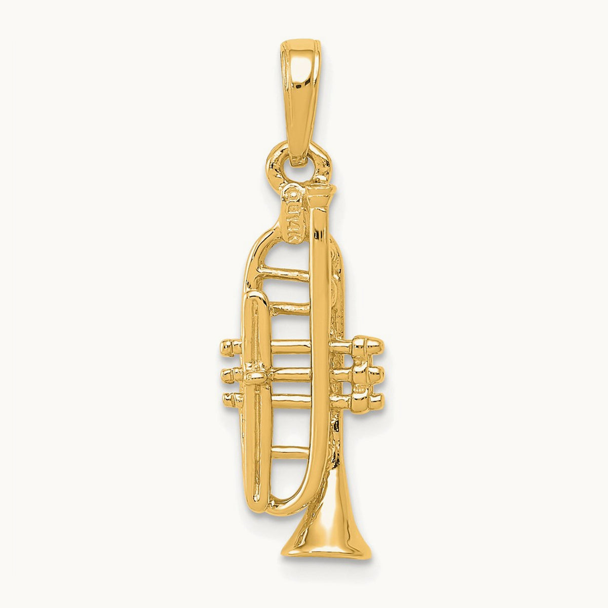 Solid Polished 3-D Trumpet Pendant — 14K Yellow Gold