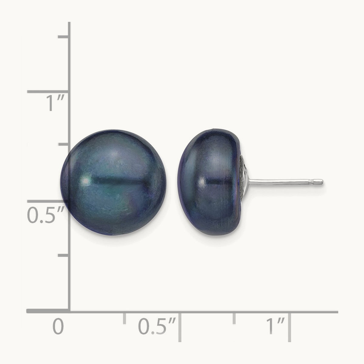 Black Button Freshwater Cultured Pearl Stud Post Earrings — 14K White Gold