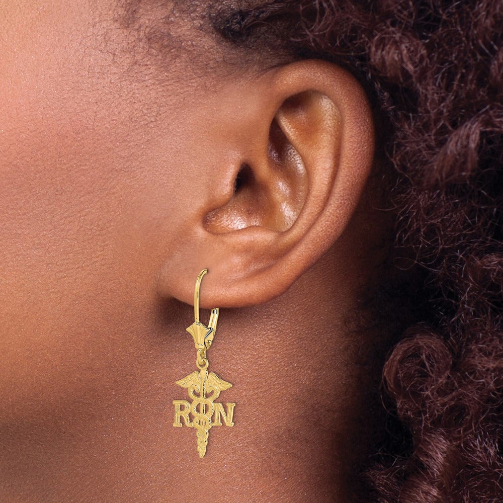 RN Caduceus Leverback Earrings — 14K Yellow Gold
