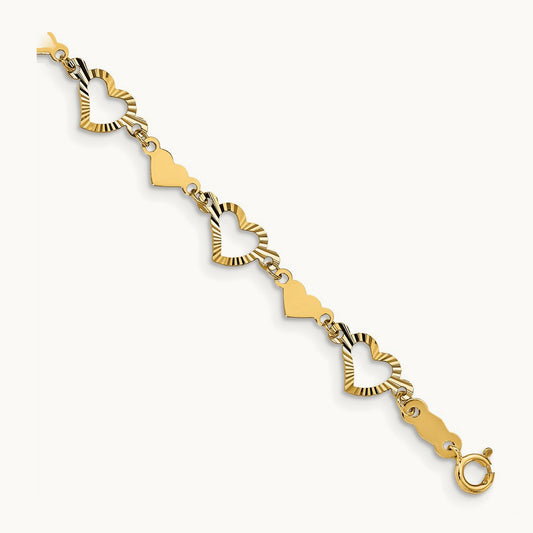 Polished Diamond-cut Open & Stamp Heart Bracelet, 14K