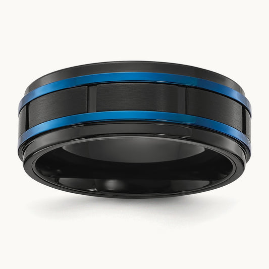 Brushed and Polished Black and Blue IP-plated Band, 8mm, Titanium