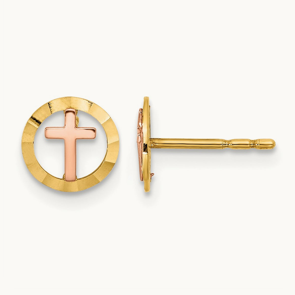 Circle with Cross Post Earrings, 14K Two-tone