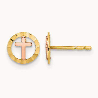 Circle with Cross Post Earrings, 14K Two-tone