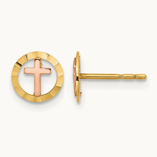 Circle with Cross Post Earrings, 14K Two-tone