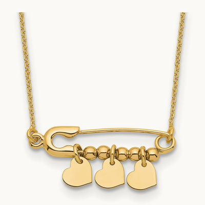 Safety Pin with Dangle Hearts Necklace, 14K