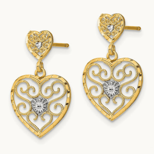 w/ RH Heart Beaded Filigree Dangle Earrings, 14K