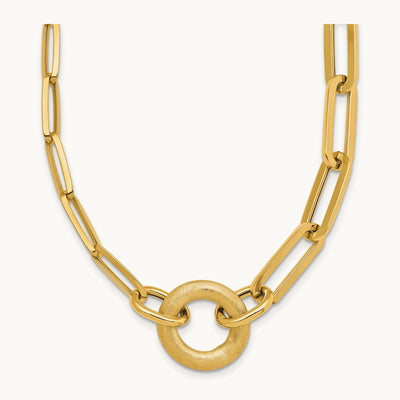 Polished And Brushed Paperclip Link With Circle Necklace, 14K