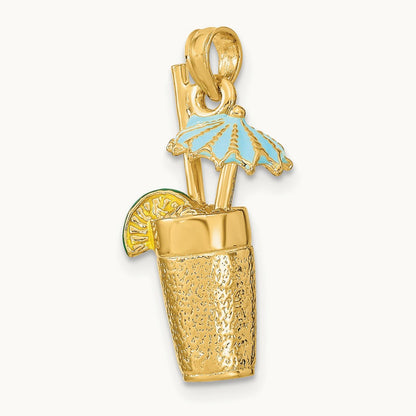 3-D Cocktail Drink w/ Enamel Umbrella and Lime Charm, 14K