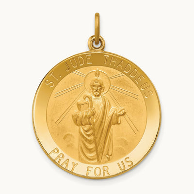 Solid Polished/Satin Large Round St. Jude Thaddeus Medal, 14K