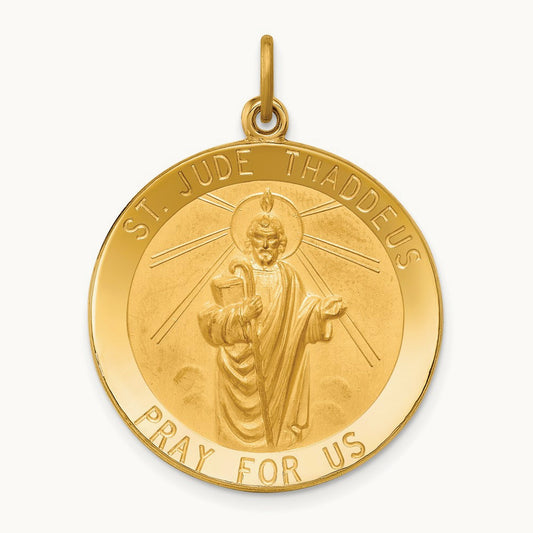 Solid Polished/Satin Large Round St. Jude Thaddeus Medal, 14K
