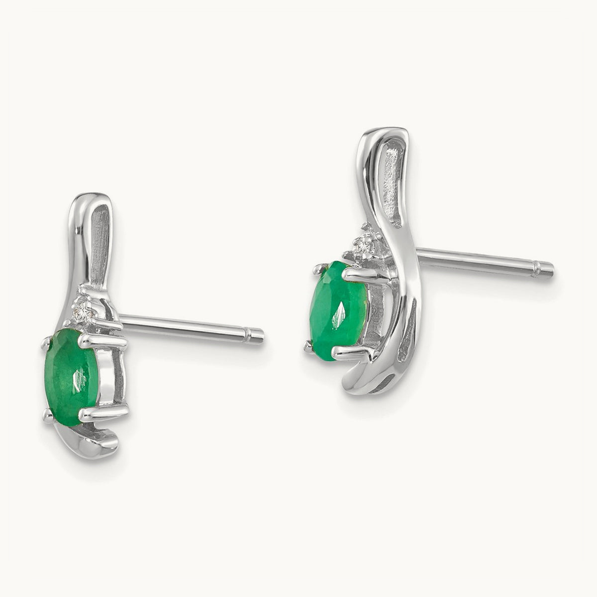 Emerald and Diamond Post Earrings — 14K White Gold